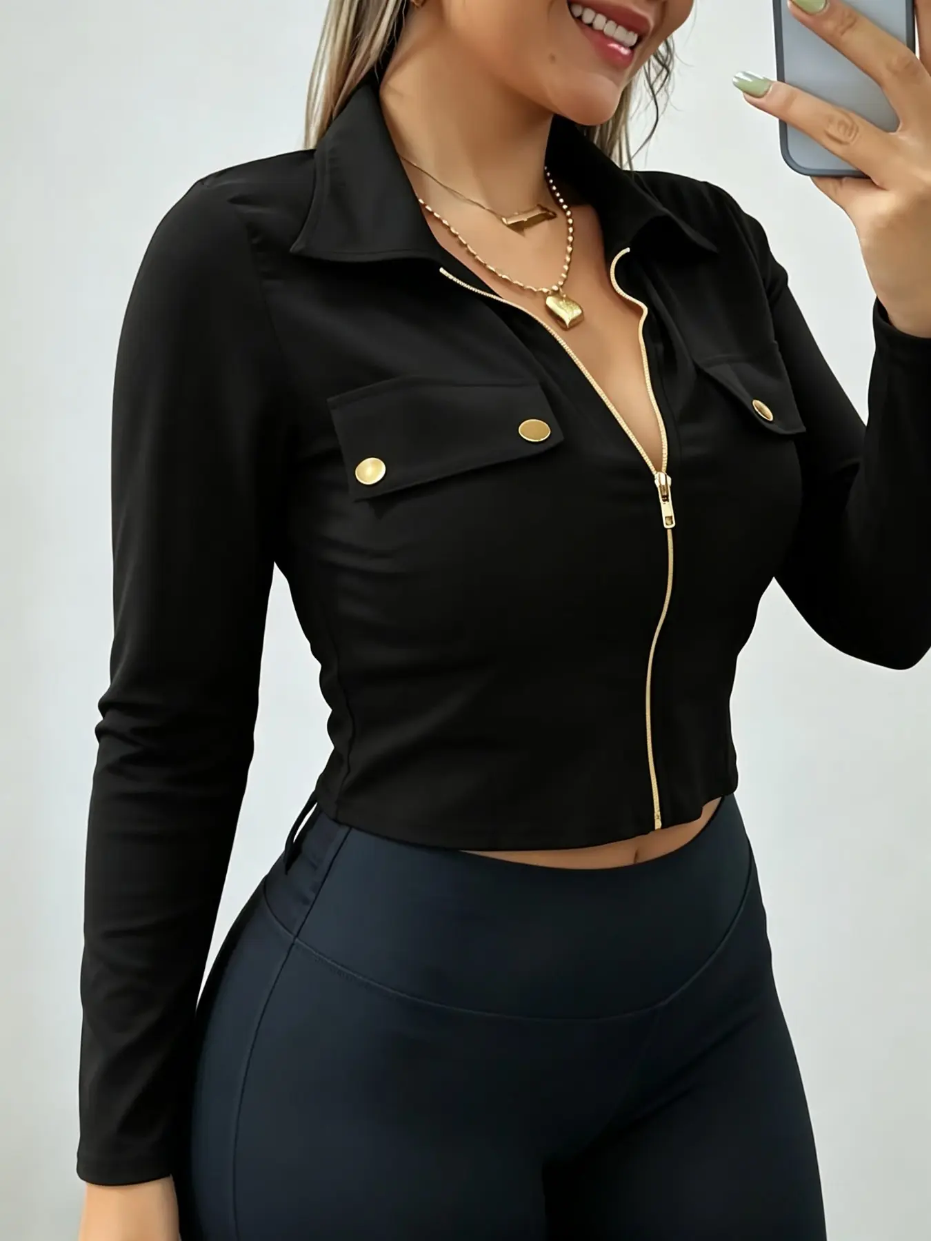 Autumn Slim-Fit Crop Top Jacket, Metal Zipper Button Long Sleeve, Waist-Cinch Design, Plain Surface, Casual Outerwear