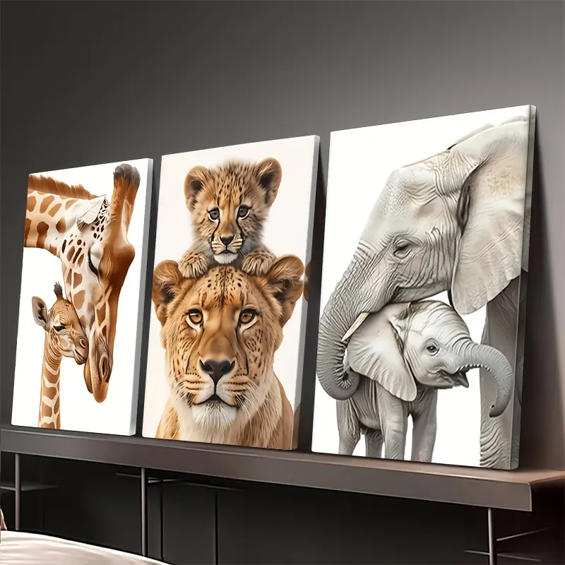 3Pcs Framed 2D Flat Canvas Wall Print, 3‑Piece Jungle Animal Wall Art Set with Lion, Giraffe and Elephant, Abstract Wooden Framed Canvas Decor for Living Room, Library, Office, Cafe and Bar, Perfect Gift for Birthday, Holiday, Valentine's Day and Easter‑2