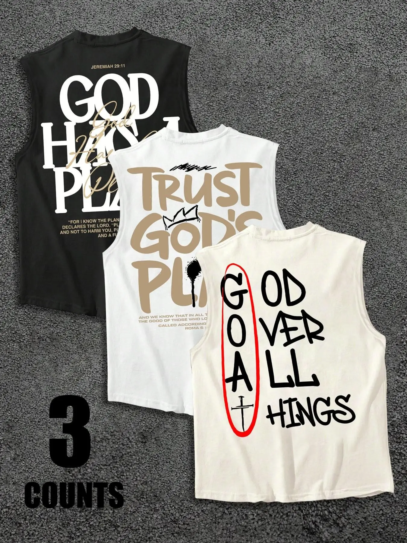 3-Pack Christian Graphic Tank Tops with Assorted Faith-Based Slogans, Motivational Crew-Neck Streetwear Muscle Shirts for Casual