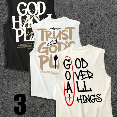 3-Pack Christian Graphic Tank Tops with Assorted Faith-Based Slogans, Motivational Crew-Neck Streetwear Muscle Shirts for Casual
