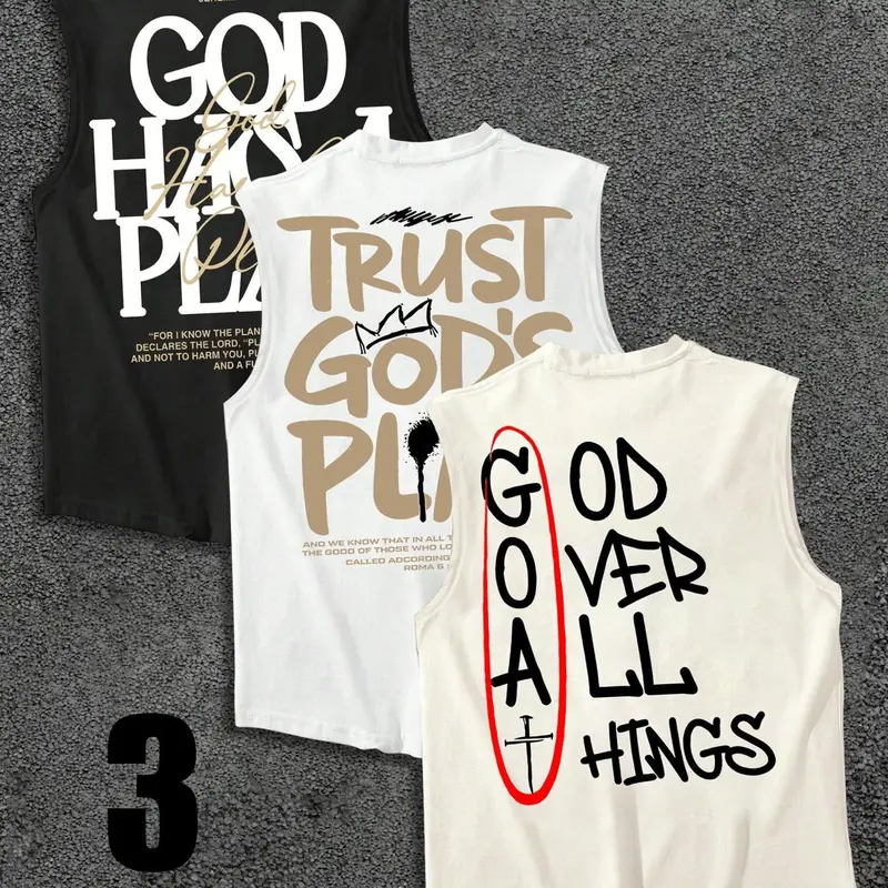 3-Pack Christian Graphic Tank Tops with Assorted Faith-Based Slogans, Motivational Crew-Neck Streetwear Muscle Shirts for Casual