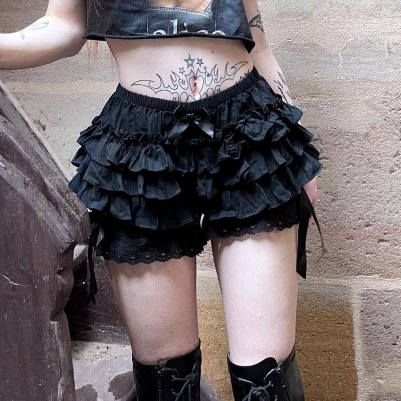 Gothic  Lolita Lace Shorts Women Black Aesthetic Cute Sweet Bow Ruffle Bloomers Shorts Y2k E-girl Kawaii Frilly Panties
