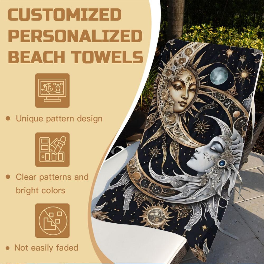 [Beach Towel] Sun and Moon Psychedelic Art Beach Towel - Premium Microfiber Digital Print Design, Ultra-Soft and Quick-Dry Aesthetic Bohemian Tapestry Style Bath Towel for Summer Vacation, Poolside, Travel – Durable Vivid Colors Fade-Resistant 1pc