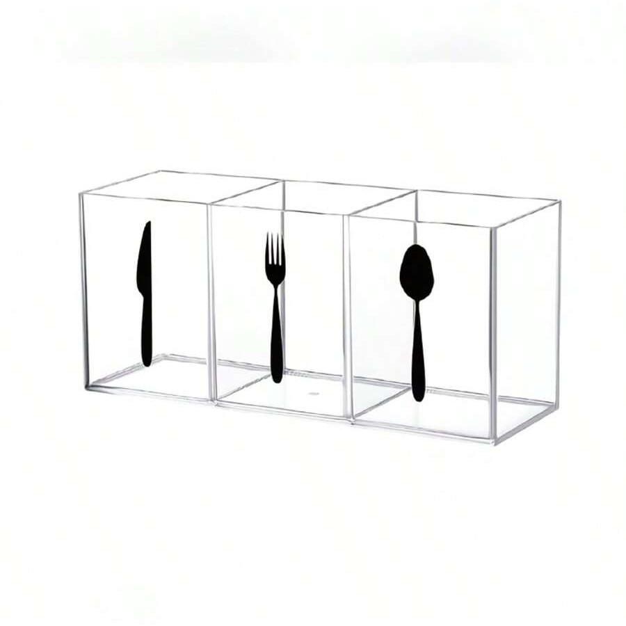 Acrylic Storage Box for Silverware Kitchen Large Capacity Multi-Compartment Utensil Rack, Plastic Cutlery Organizer, Desktop Pen Holder
