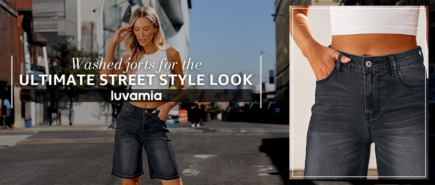 Luvamia Bermuda Jean Shorts for Women High Waisted Stretchy Denim Knee Length Cutoff Loose Fit Long Shorts Womenswear Streetwear Basic 5 Pockets Bottom