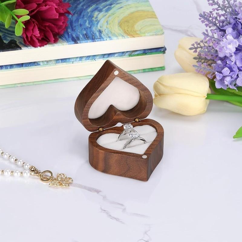 Wooden Heart Shape Ring Gift Box, Personalized Vintage Wood Jewelry Box, 2 Slot, for Proposal, Engagement, Wedding, Anniversary