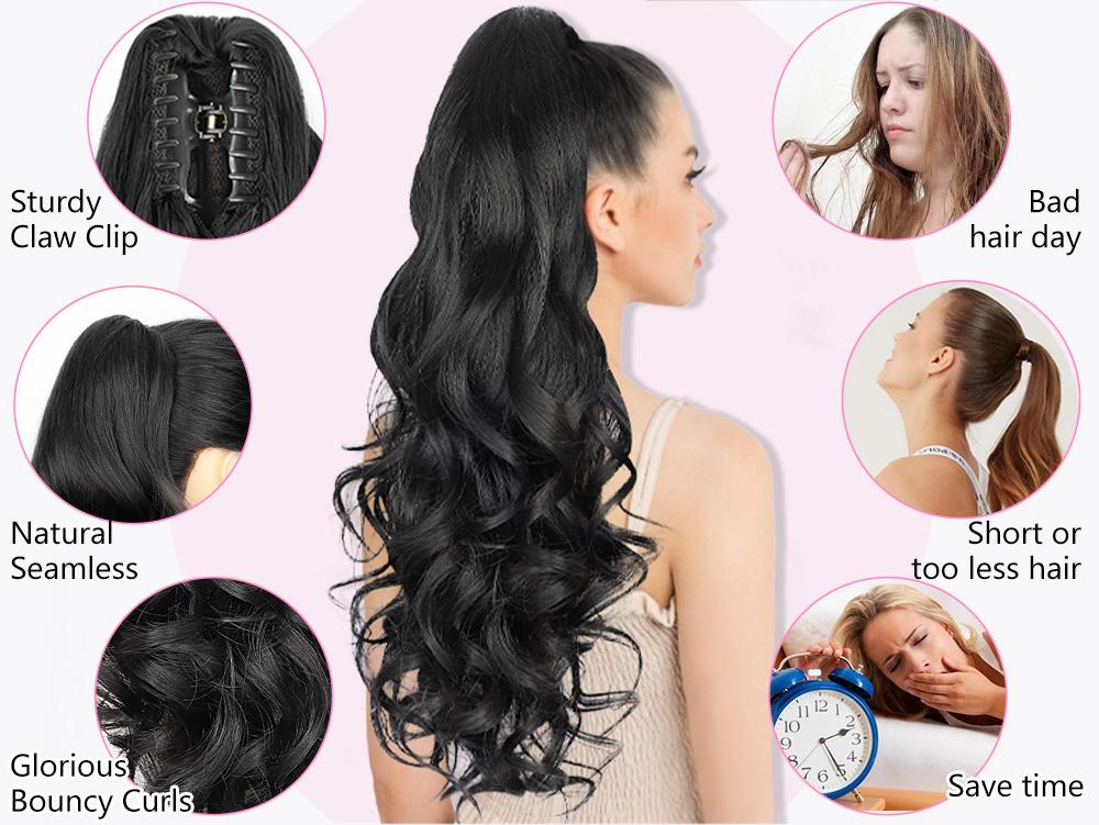 ALXNAN 24'' Long Wavy Claw Ponytail Extension Curly Wavy Pony Tail Clip in Claw Hair Extension Synthetic Hairpiece for Women Ideal for Any Occasion
