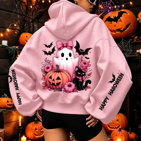 Women’s Popular Halloween Ghost Pumpkin Black Cat Letter Print Oversized Hoodie Soft Fleece Pullover Sweatshirt Casual Loose Fit Long Sleeve Hoodie Top Fall Winter Fashion