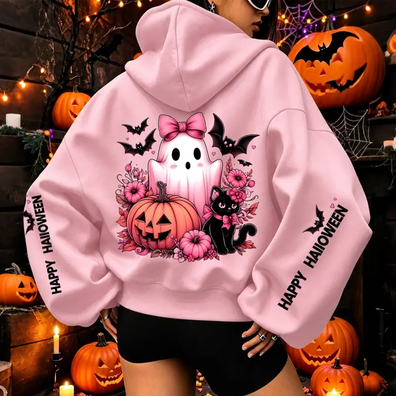 Women’s Popular Halloween Ghost Pumpkin Black Cat Letter Print Oversized Hoodie Soft Fleece Pullover Sweatshirt Casual Loose Fit Long Sleeve Hoodie Top Fall Winter Fashion