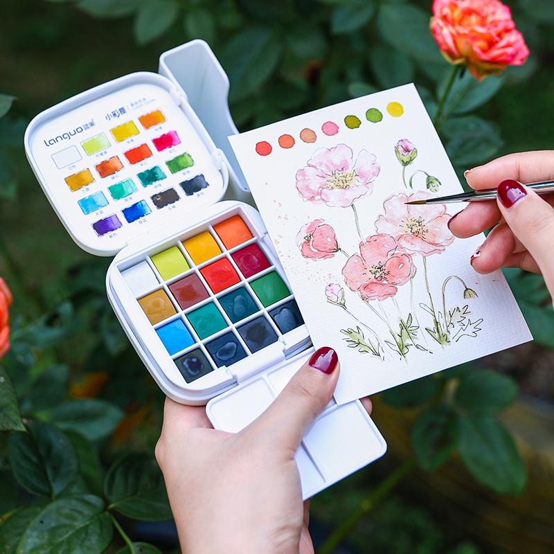 Travel Watercolor Paint Set - Artist Bundle 16 Colors with Palette,Portable Watercolor Travel Kit with Brush, Coloring Card, Brush Washing Box for Adults, Artists & Professionals