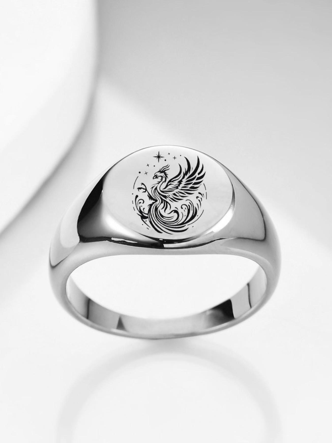 New 12mm Smooth Ring, Round 18k Gold Laser Engraved Phoenix Ring, Elegant Jewelry for Women, Unique Gift Idea, Elegant Fashion Rings