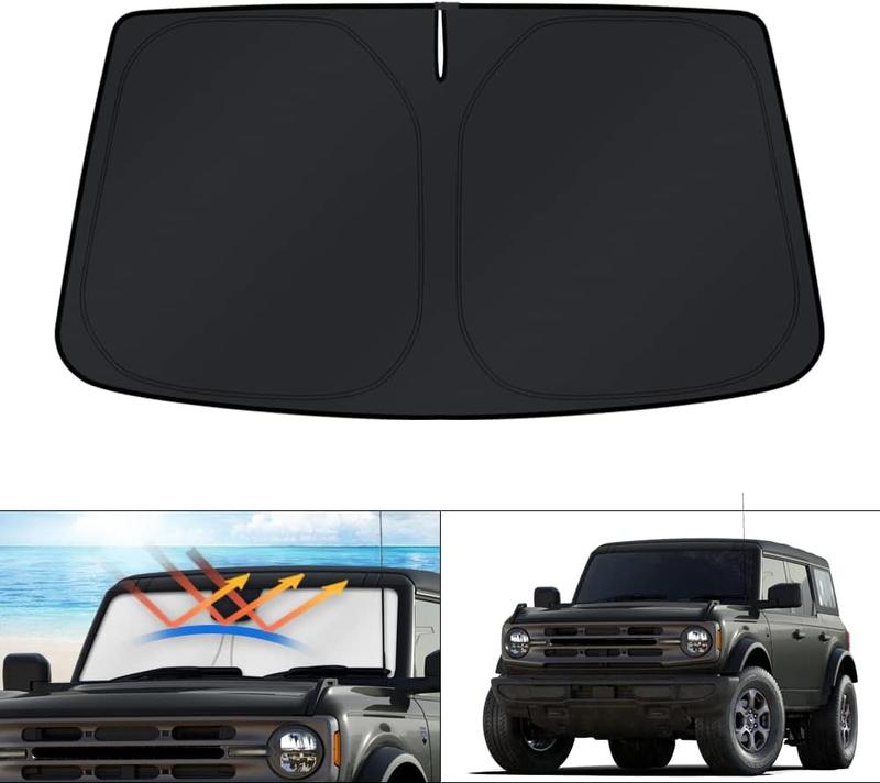 Canvcle Windshield Sun Shade for Ford Bronco 2021-2025 Foldable Sun Visor Protector Blocks 99% UV Rays Keeps Car Cooler Silver & Black 240T Reflective Fabric