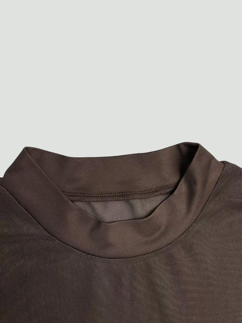 1 Piece See-Through Mock Neck Top - Women’s Sheer Mesh Long Sleeve Blouse | Y2K Trendy Slim Fit Shirt for Party & Daily Layering