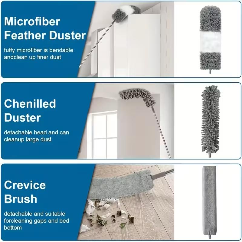 5pcs Retractable Microfiber Dusting Brush Set, Extendable microfiber duster, Home cleaning tool, Household cleaning tool, Reusable, Bendable Handle, 30-110inch, with Extension Pole, for Cleaning High Ceiling Fans, Furniture, Cars, Bathrooms, Kitchens