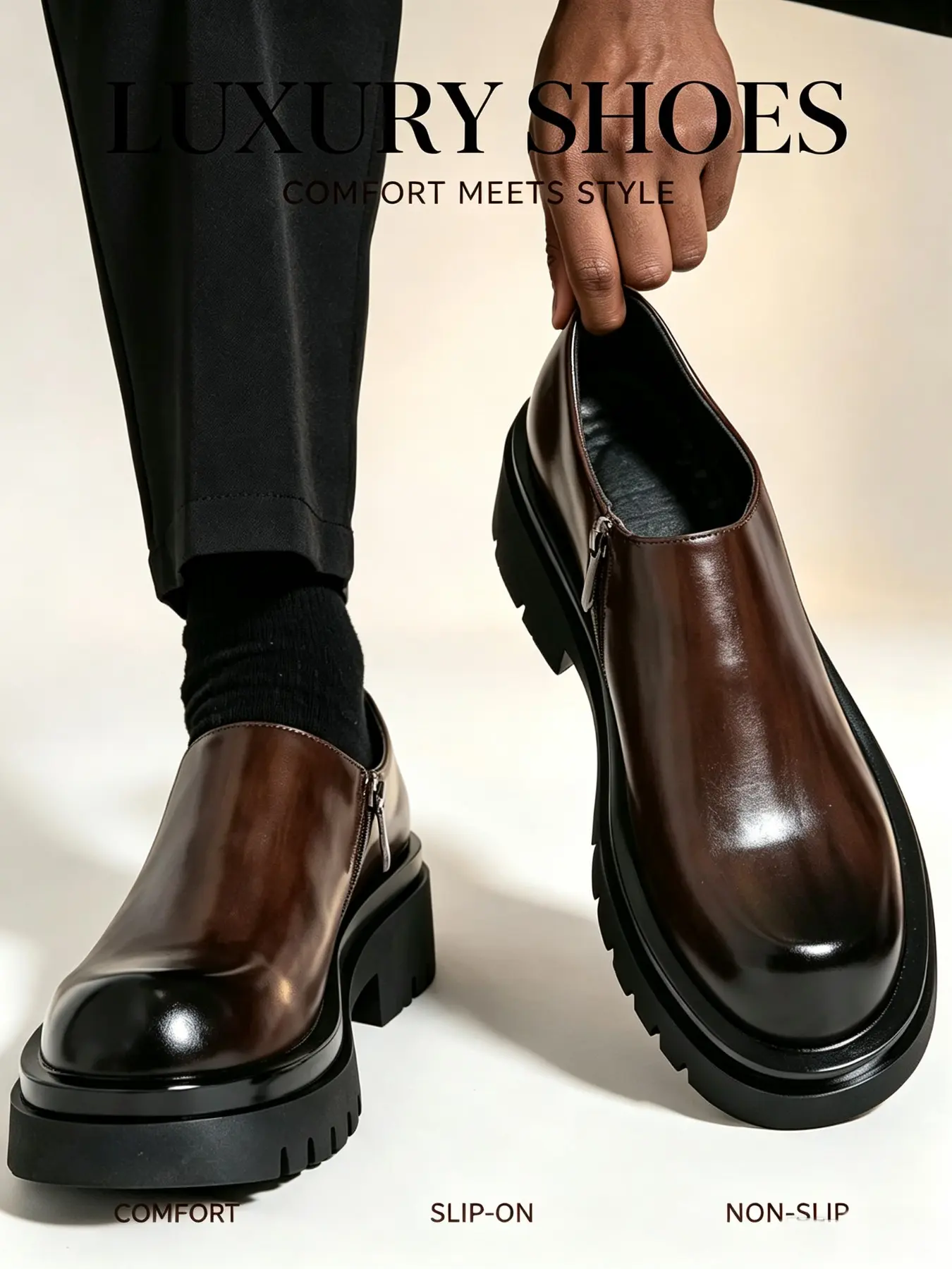 Men's Thick Sole Casual Shoes, Fashionable Large Size, Side Zipper, Low Top, Business Style, Rubber Sole, Streetwear, Height Boosting