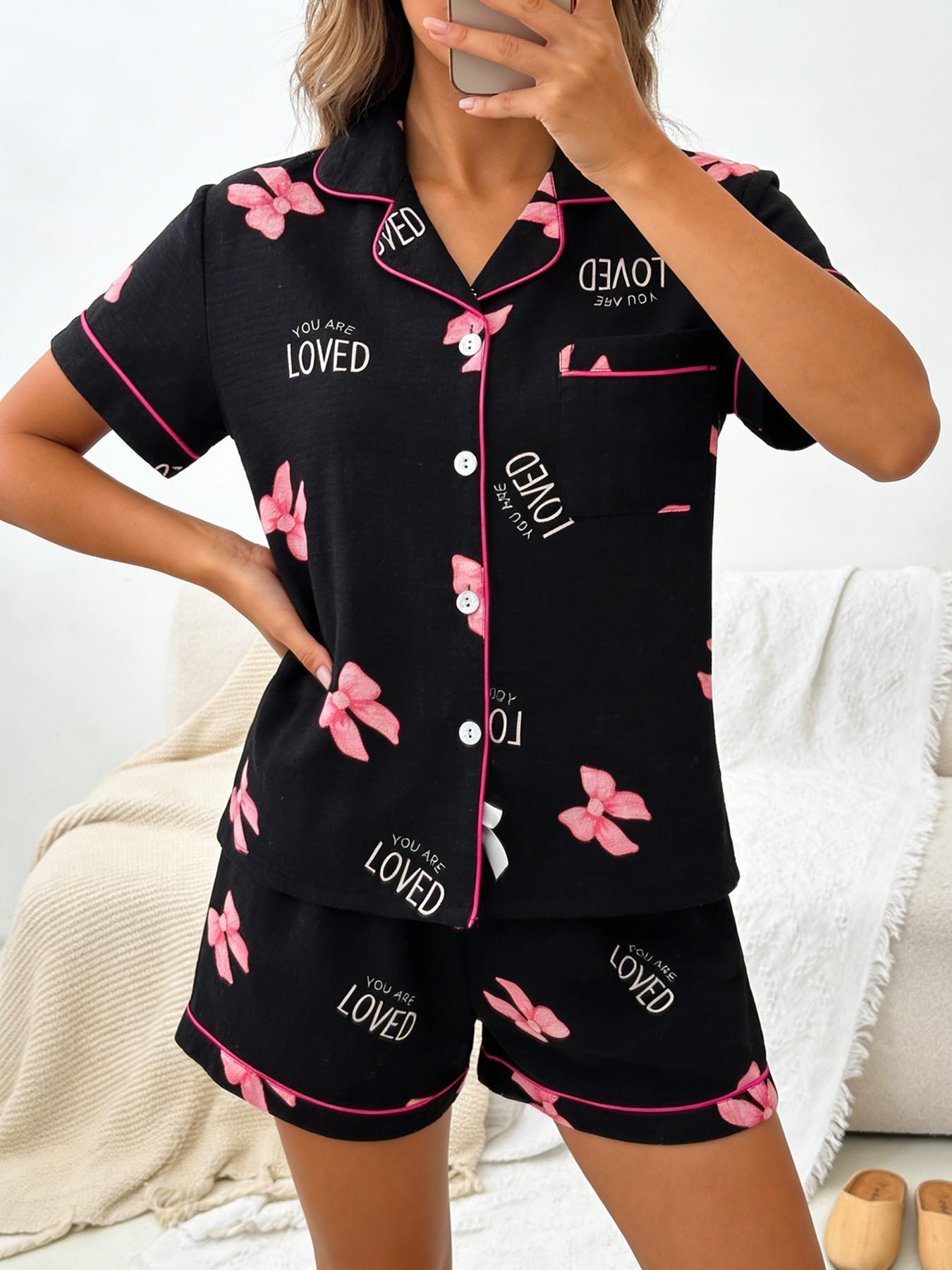 Women's Short Sleeve Button Down Top and Shorts Pajama Set, Spring Summer Wear, For Korean Aesthetic Bloggers, Black Base Pink Bow & LOVED Letter Print, Classic Lapel Collar, Loose H Fit, Comfortable For Home & Daily Wear