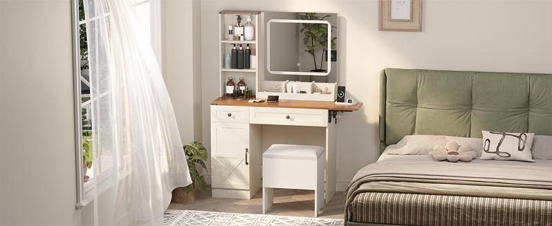 Modern Makeup Vanity Set with Adjustable LED Mirror,Vanity Desk with Stool, Dressing Table Set Furniture Organization
