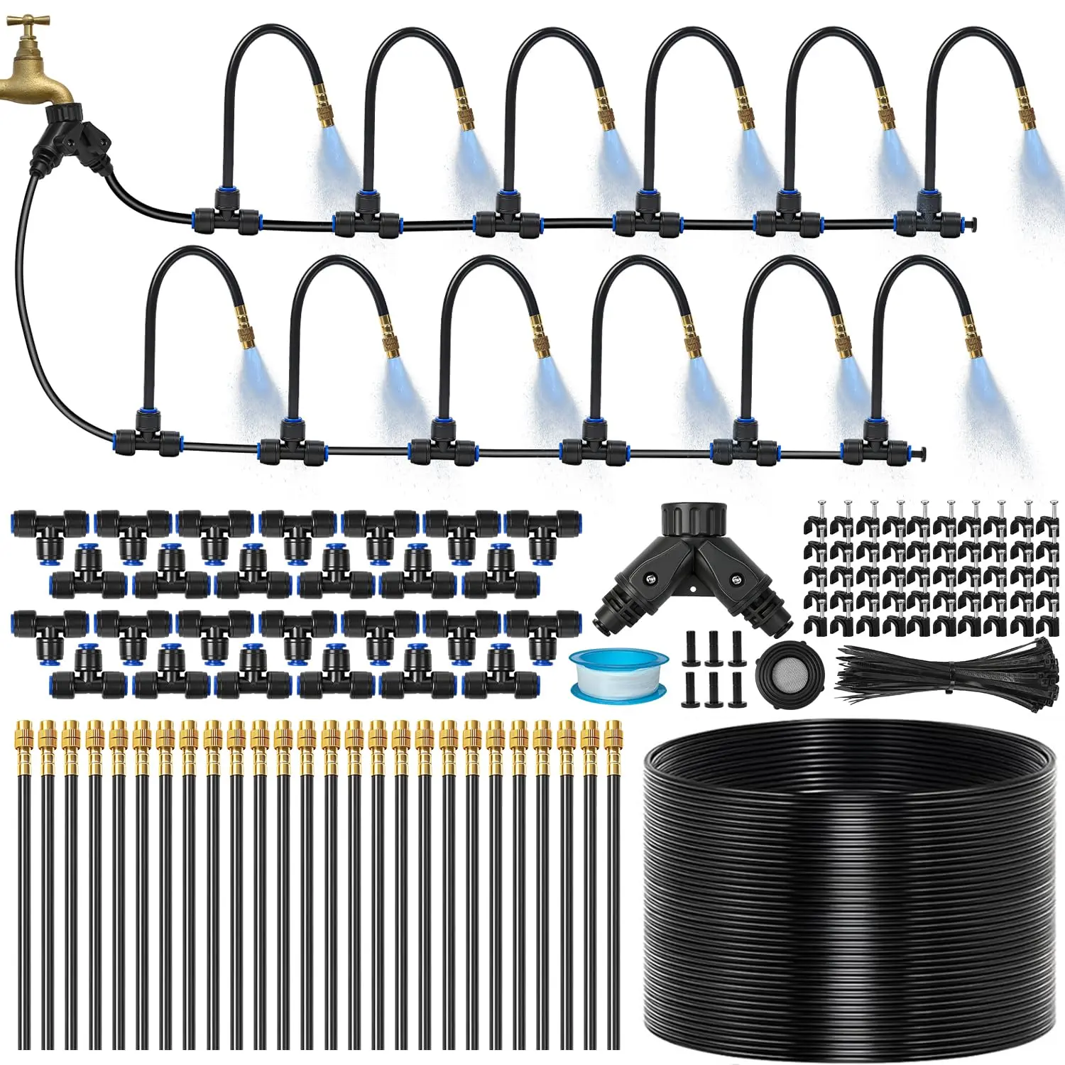 120Ft 1/4" Drip Irrigation System for Garden – 26 Adjustable Copper Nozzles, Automatic Atomizing Sprinkler System for Outdoor  Raised Bed, Yard, Potted  & Lawn