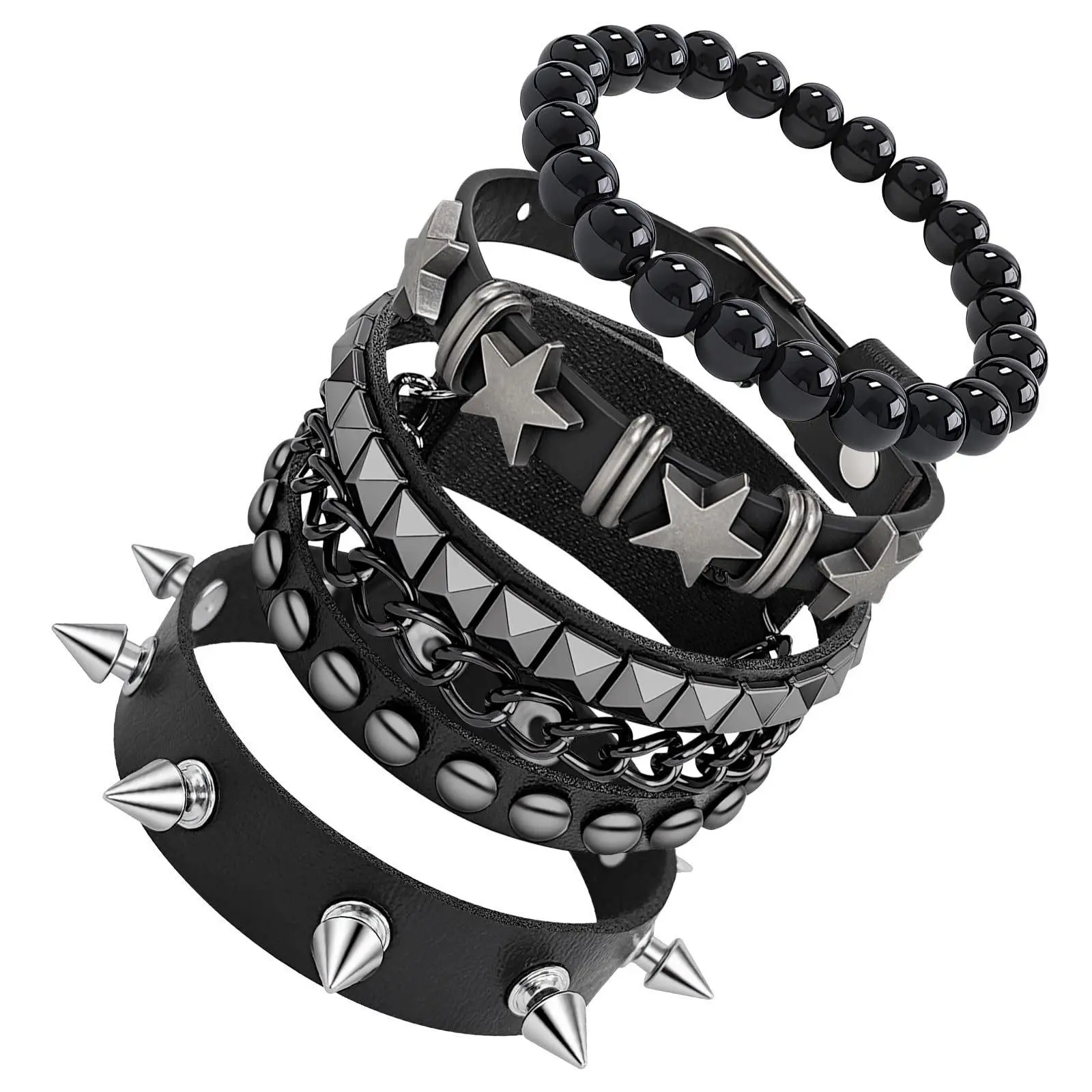 4PCS Multi-layer Punk Studded Bracelets Set, Stackable Geometry Spiked Bracelets,Emo Accessories for 80s 90s | Punk Spike Bracelet,Y2K Gothic Bracelets,Star Leather Cuff Bracelets for Men Women Halloween Wristband