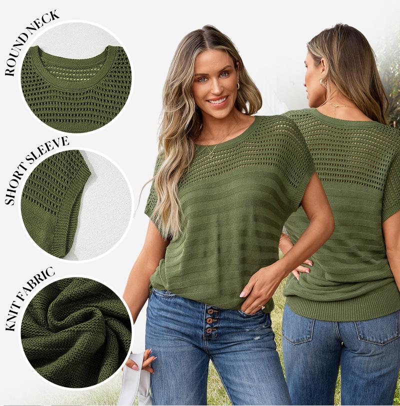 Shewin 2026 Spring/Summer Outfit Women's Crochet Sweaters Crew Neck Short Sleeve Shirts Knitwear Crewneck Tops Knit Eyelet Hollow Out T Shirts Sweater Blouses White Basic Minimalist Fitted SpringStatements