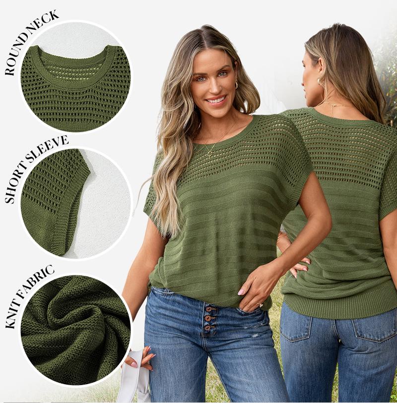 Shewin 2026 Spring/Summer Outfit Women's Crochet Sweaters Crew Neck Short Sleeve Shirts Knitwear Crewneck Tops Knit Eyelet Hollow Out T Shirts Sweater Blouses White Basic Minimalist Fitted