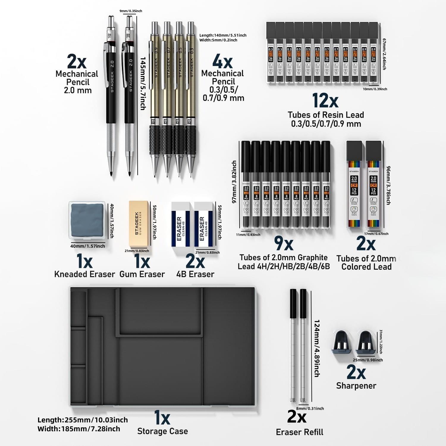 STAGEEK 37PCS Art Mechanical Pencil Set, Drafting Pencil 5 Sizes- 0.3, 0.5, 0.7, 0.9MM & 2PCS 2.0MM Mechanical Drawing Pencils with 492PCS Leads (6B 4B 2B HB 2H 4H Color) for Artist Sketching Drawing&Ballpoint Pen for Student Stationary College Essentials