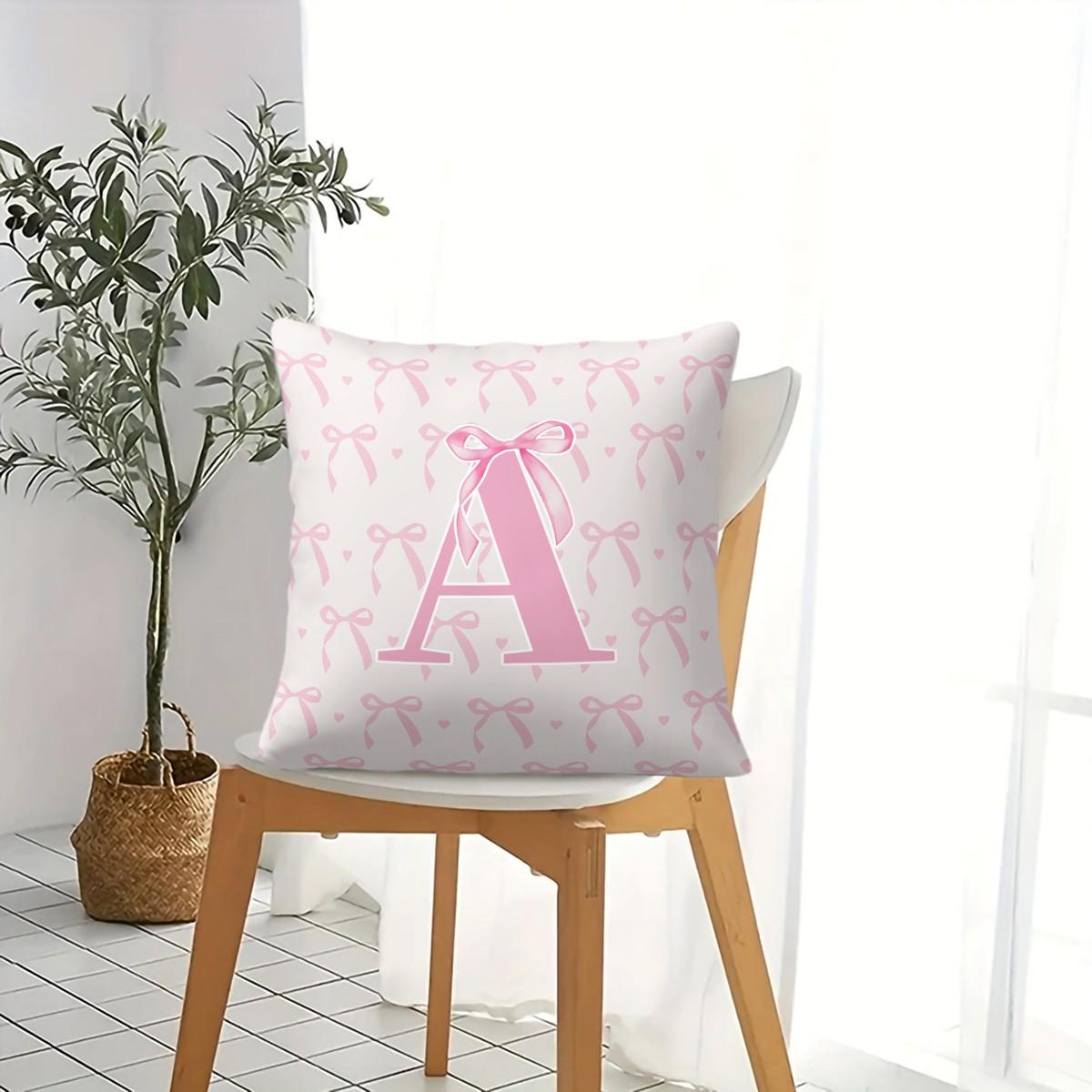 Pink Romantic Ballet Bow Full Alphabet Initial Throw Pillow with Insert, Coquette Aesthetic Decorative Pillow for Sofa, Bay Window, Patio, Cafe, All Season Use, Back Support Cushion, Ideal Housewarming Birthday Christmas Gift