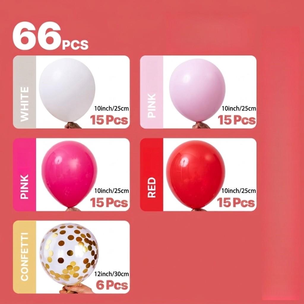 Pink and Red Balloons 66pcs10/ 12 Inch Hot Baby Pink Matte Red White Gold Confetti Balloons for Valentine's Day Engagement Weedding Bachelorette Girl Princess Birthday Party Decorations