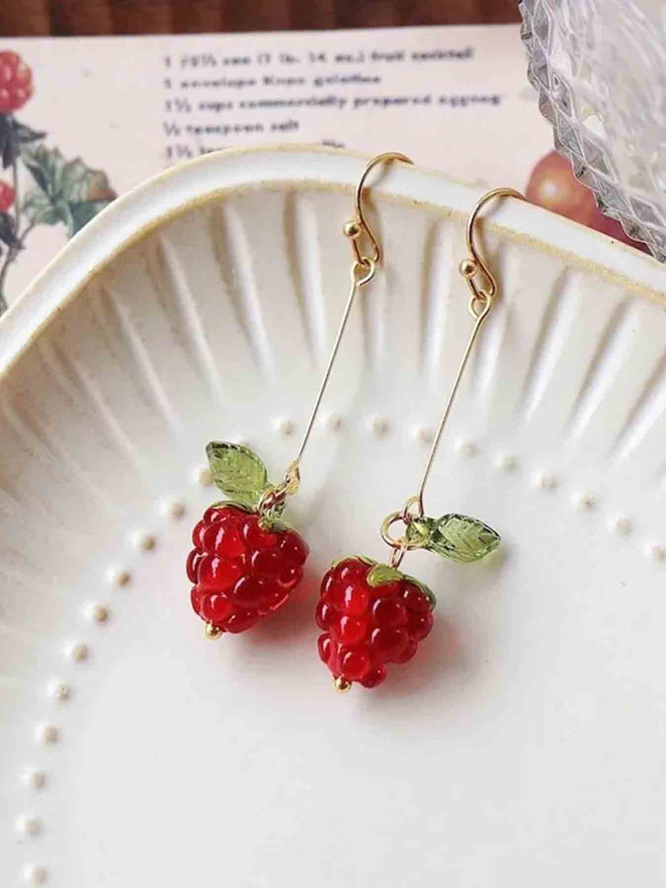 Women's Raspberry Fruit Dangle Earrings Set, Fashionable Sweet Design, Party & Vacation Style, Unique Women's Jewelry Accessories