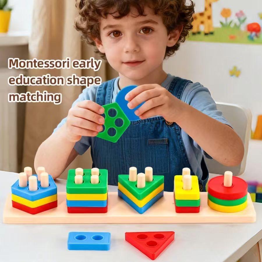 Geometric Shape Matching Block Toy Set | Early Education Cognitive Toy for Infants 0-3 Years Old | Four-Column Peg Matching Game