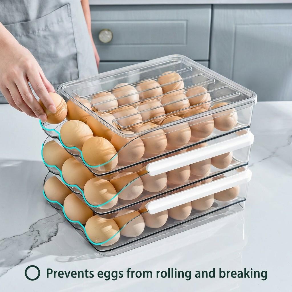 Egg Holder for Refrigerator, Automatic Rolling Egg Dispenser with Lid, Stackable Storage Rack, Transparent Plastic Egg Tray 2-Tier/3-Tier