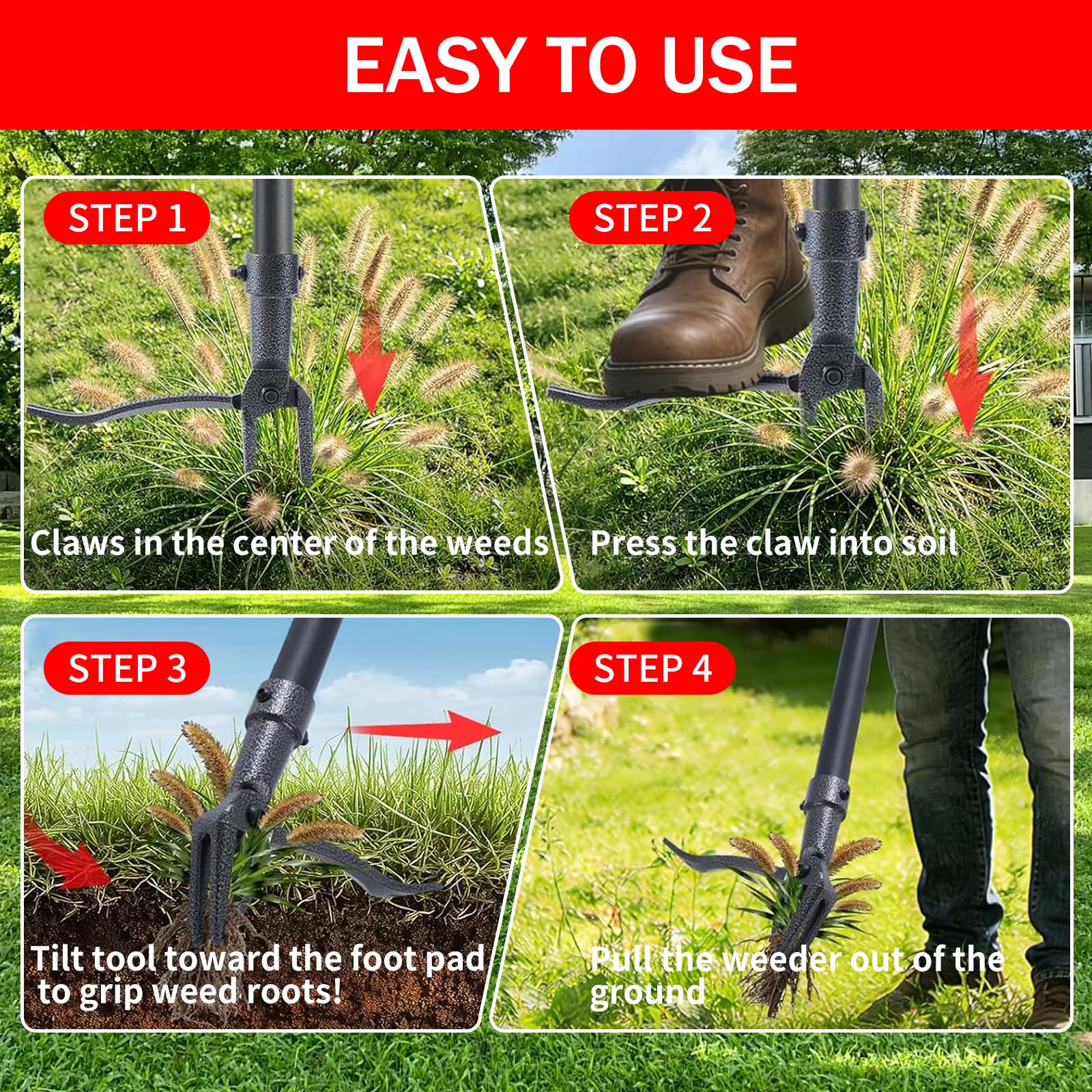 Standing Weed Removal Tool with 4-Prong Steel Head, Long Handle, Manual Grass Puller for Gardens, Lawns, Outdoor Use, No Bending/kneeling