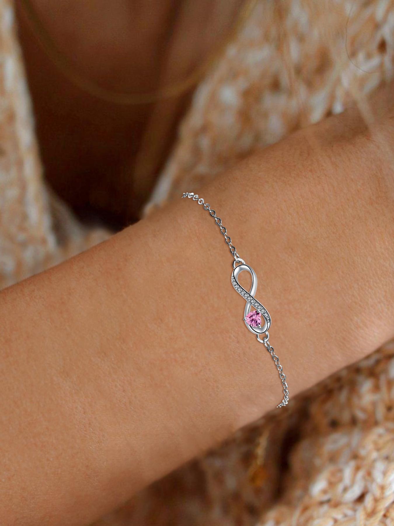 Love Heart CZ Birthstone Infinity Bracelets With Moss Bear Rose Jewelry Gift Box, Endless Love Symbol Bracelets for Women, Anniversary Birthday Christmas Jewelry Gift for Wife Mom Daughter, Heart Shaped Bracelet