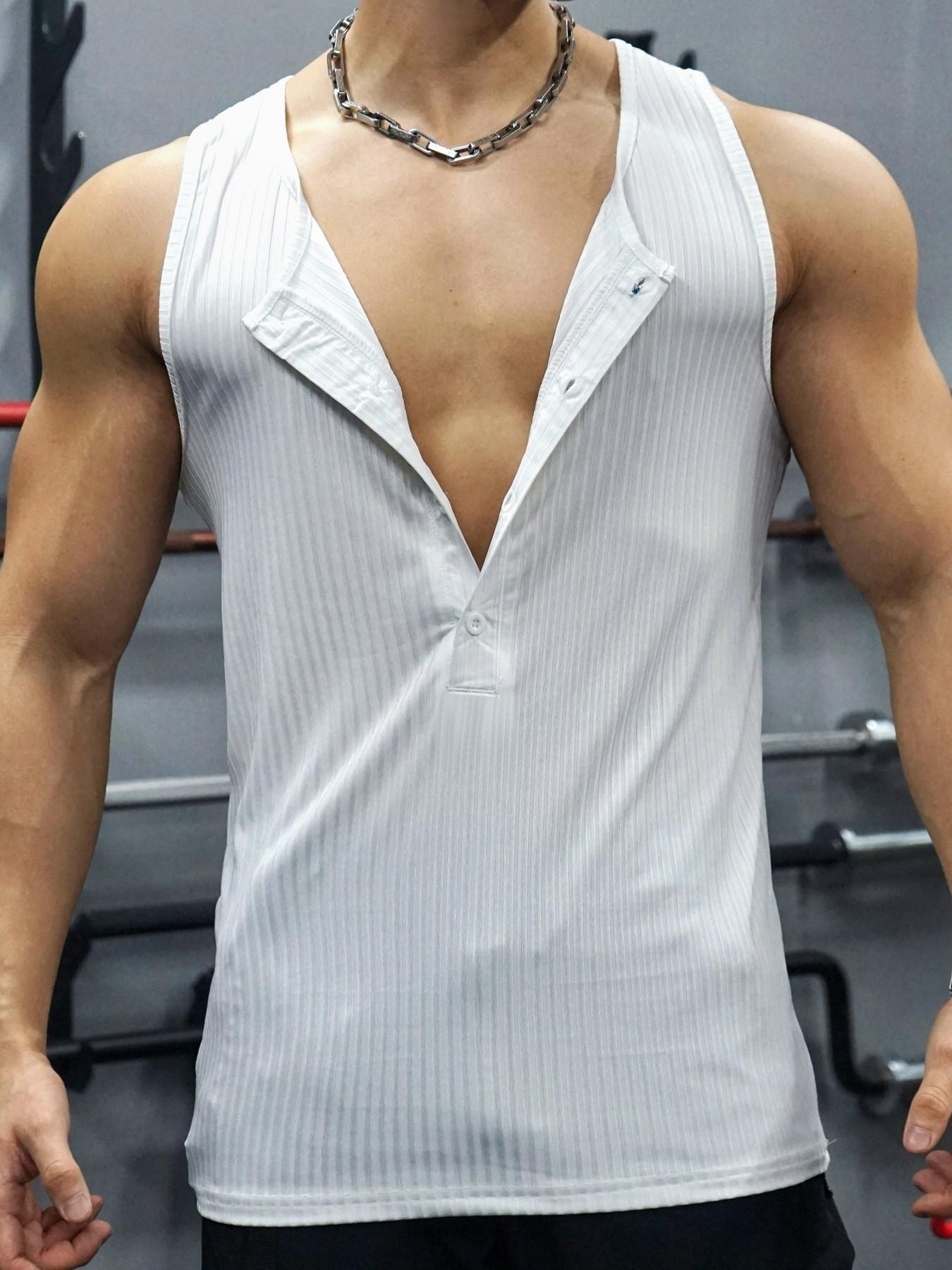 Men's Vertical Striped Ribbed Tank Top, Elastic Sleeveless Henley Shirt, Perfect for Casual and Sports Occasions, Comfortable and Stylish, Athletic Undershirt