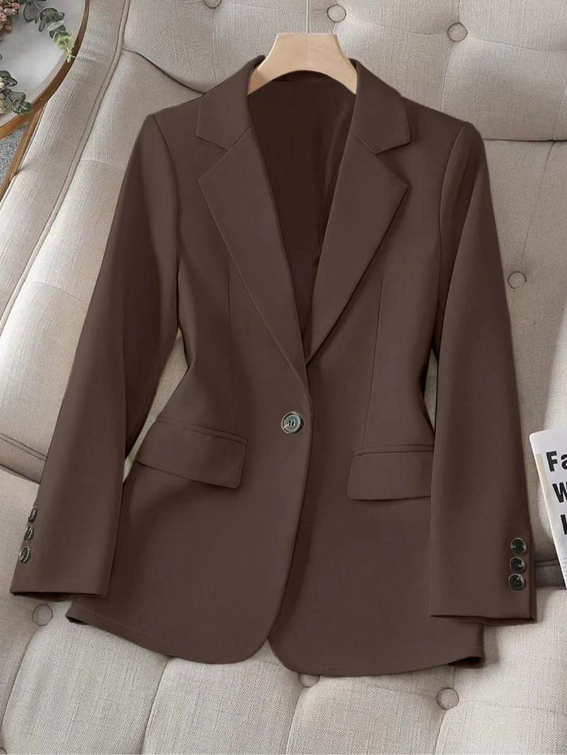 Women's Spring & Fall Solid Color Lapel Long Sleeve Single Button Casual Commuter Blazer Jacket, Fitted Plain Design