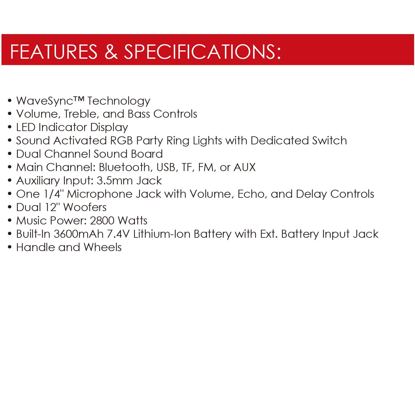 Portable Party Box Dual 12inch Karaoke Speaker System with Wireless Bluetooth, Microphone, LED Lighting & Rechargeable FM Radio Remote Control Smartphone Audio