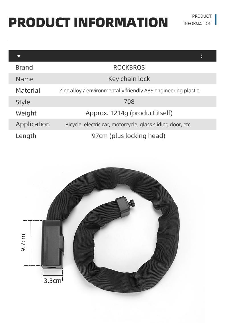 ROCKBROS Bike Chain Lock 3.18ft Heavy Duty Motorcycle Chain Locks 8mm Thick Anti-Theft Security Bicycle Lock with 2 Keys for Mountain Road Electric Bike, Motorcycles, Scooter, Door, Gates ROCKBROS Bike Chain Lock 3.18ft Heavy Duty Motorcycle Chain Locks 8mm Thick Anti-Theft Security Bicycle Lock with 2 Keys for Mountain Road Electric Bike, Motorcycles, Scooter, Door, Gates