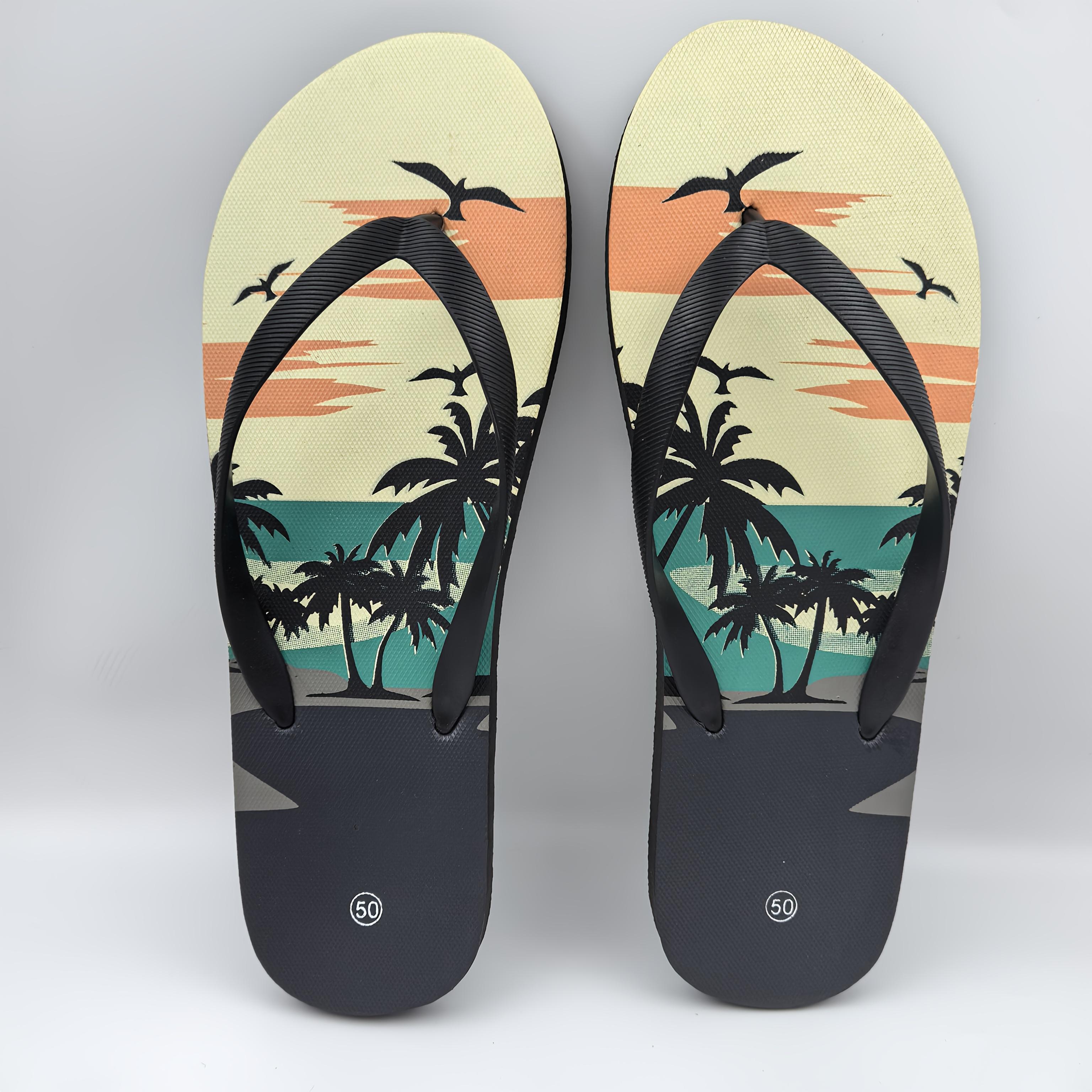 New Men's Herringbone Slippers, Extra Large Size Beach Shoes, Non-Slip Slip-On, Seaside Style with Printed Pattern