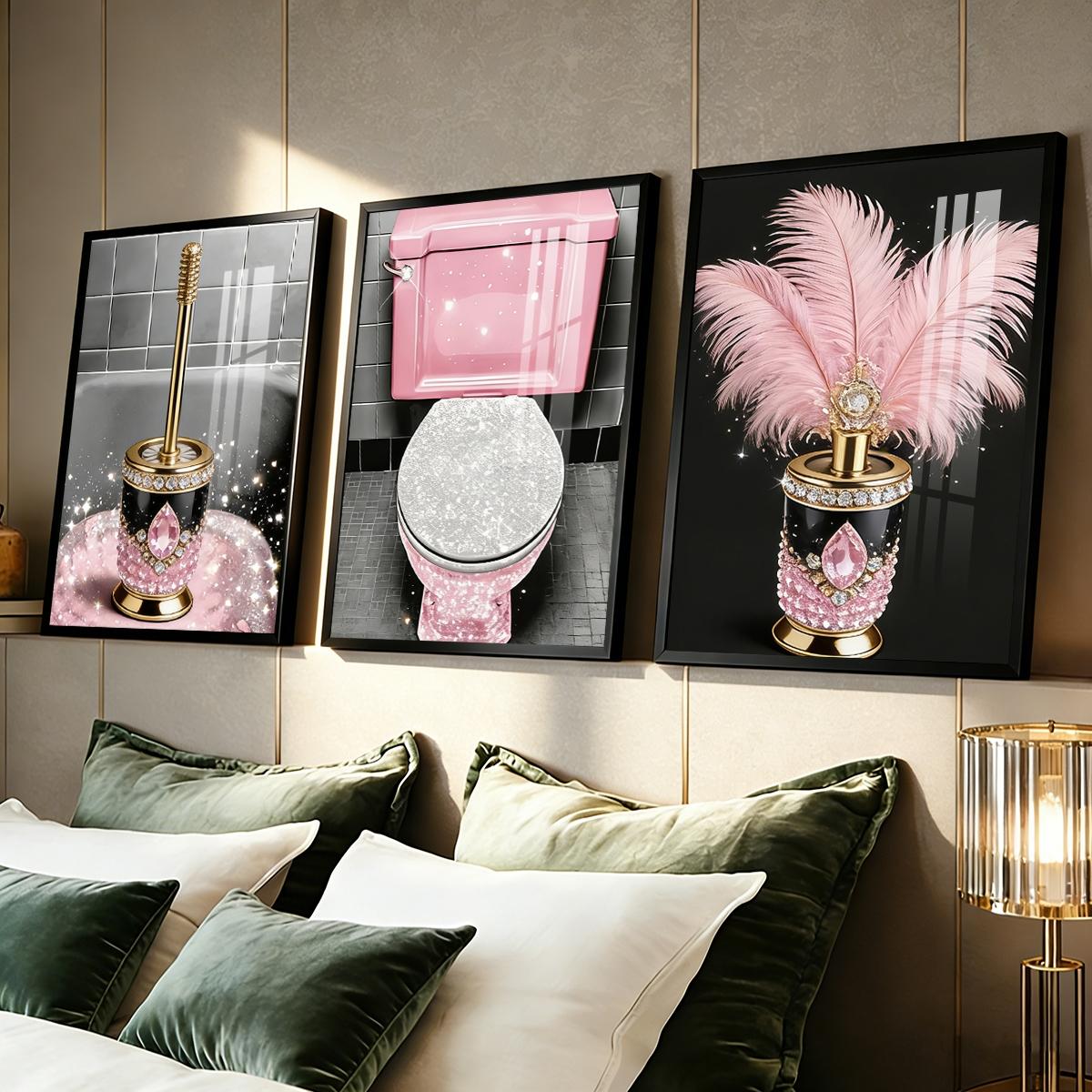 3 Counts Aluminum Alloy Framed Painting, Luxury Pink Diamond Feather Toilet Brush Set Pictures, Home Decoration For Living Room, Bedroom, Office, Restaurant, Hallway Wall Decor, Odorless Print Artwork, Luxury Perfect Gift For Friends And Family