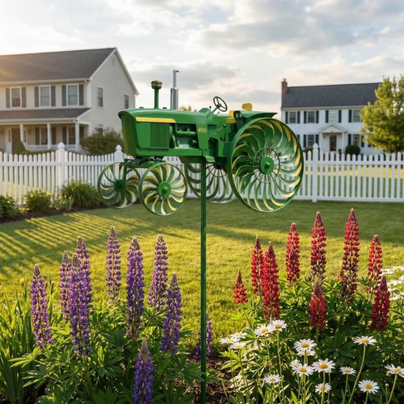 Garden Windmill Turntable - Green tractor-shaped windmill pile with rotating wheel, suitable for courtyard, courtyard, garden, unique outdoor sculpture decoration, is the perfect gift for relatives and friends