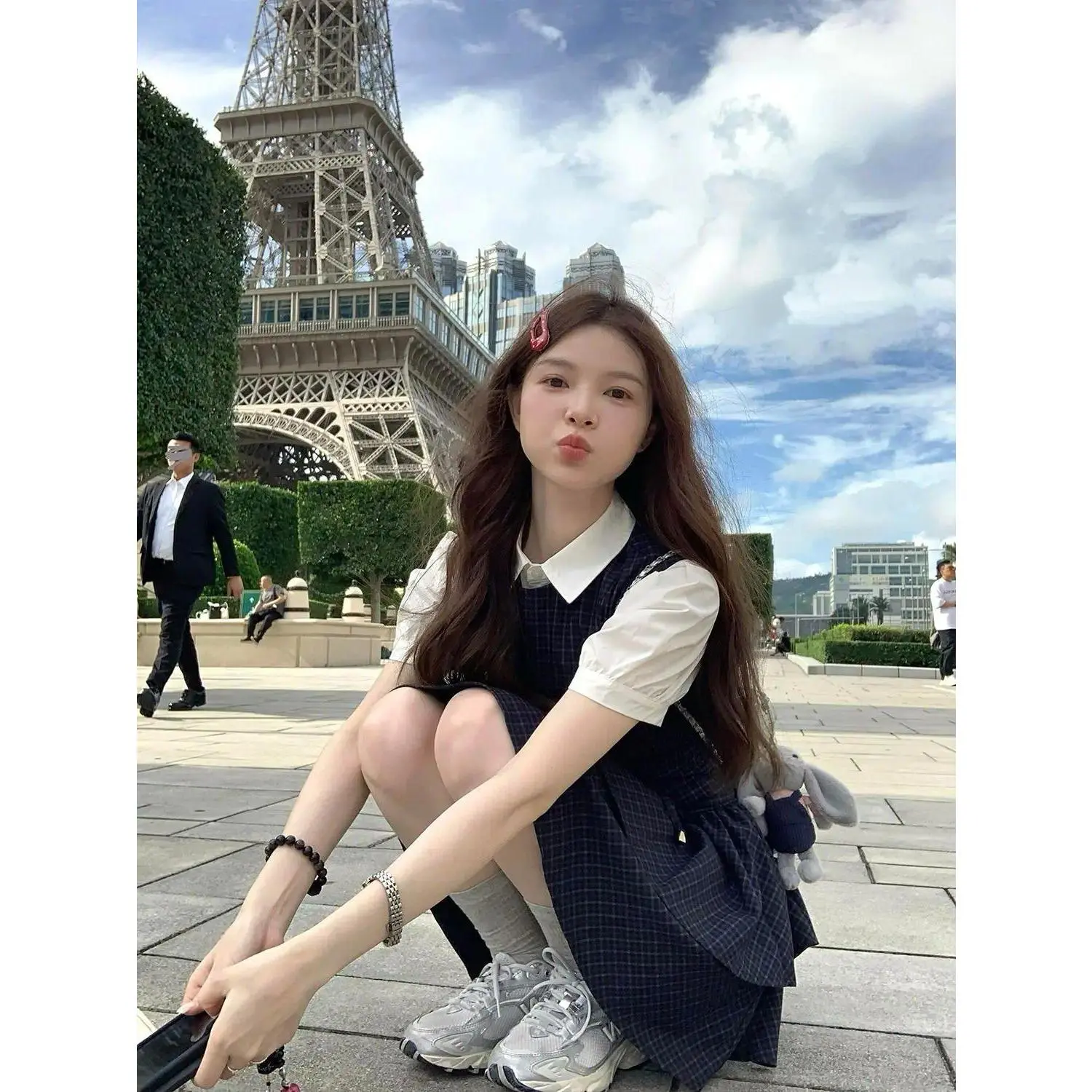 Japanese Vintage Preppy 2 Piece Dress Set Women Puff Short Sleeve Plaid Tie Waist Slim Fit Midi Dress Casual Daily Outfit 2026