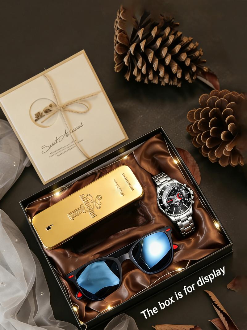 5pcs Watch Set, Cool Stainless Steel Quartz Watch + Perfume + Decorative Glasses, Multiple Colors Available, Perfect Birthday Gift