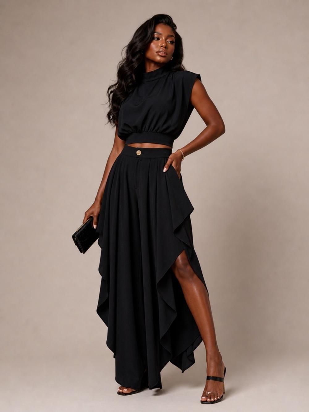Women's 2-Piece Loose French Minimalist Summer Clothing Set - High-Neck Sleeveless Crop Top, Asymmetric Ruffled Wide-Leg Polyester Blend Pants, Oversized, Basic