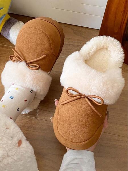 Women's Plush Slippers with Sweet Bow Design, Warm Winter Indoor & Outdoor Shoes, Comfortable Casual Footwear for Fall Season, Home Footwear