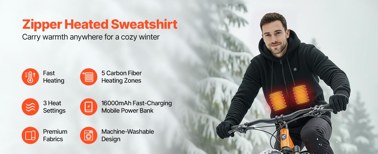 VEVOR Heated Jacket Hoodie for Men Women, Heated Sweatshirt Unisex Full-Zip with 7.4V 16000mAh Power Bank Pack, 5 Heating Zones, 3 Temp Levels, 4-8H Warmth, for Winter Outdoor Camping, Black, XL Size VEVOR Heated Jacket Hoodie for Men Women, Heated Sweatshirt Unisex Full-Zip with 7.4V 16000mAh Power Bank Pack, 5 Heating Zones, 3 Temp Levels, 4-8H Warmth, for Winter Outdoor Camping, Black, XL Size