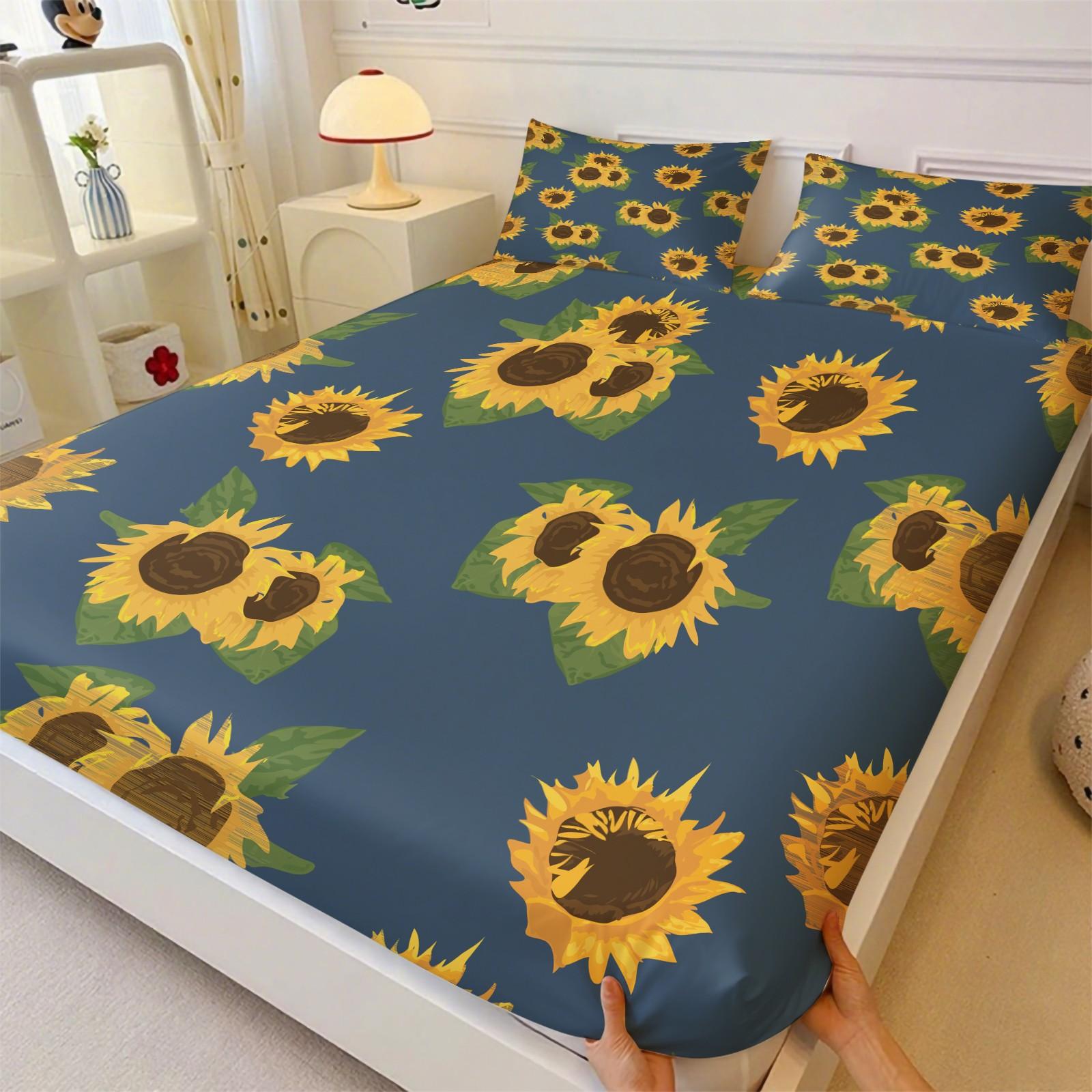3 Piece Sunflower Pattern Fitted Sheet Set, Soft And Durable Bedding Set, Including 1 Piece Flat Sheet And 2 Pieces Pillowcases, Suitable For Children And Adults Daily Holiday Birthday Gifts Bedroom Decorations