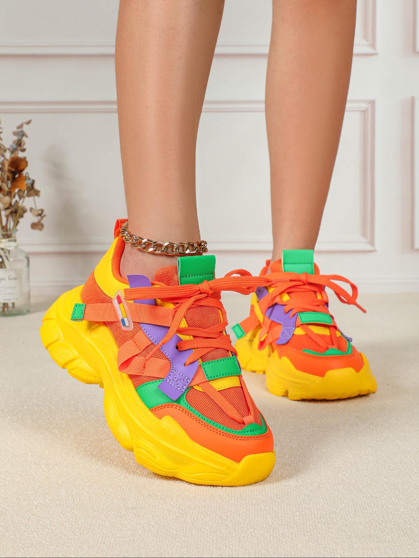 Fashionable Colorblock Lace Up Platform Sneakers, Casual Comfortable Breathable Sports Running Shoes, Female All-match Round Toe Chunky Sneakers for Daily Wear, Casual Running Footwear
