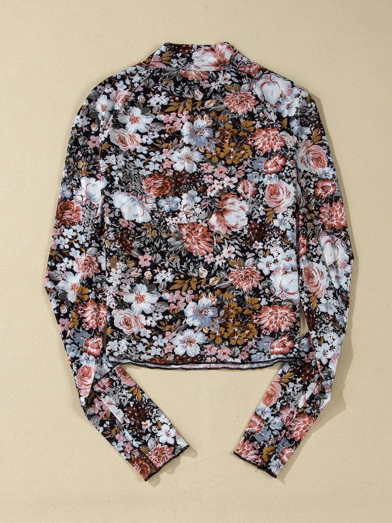 Hotapei Spring Autumn Casual Polyester Floral Slim Fit High Neck Long Sleeve Pullover Top, Women's Fashion Knitwear for Daily Wear