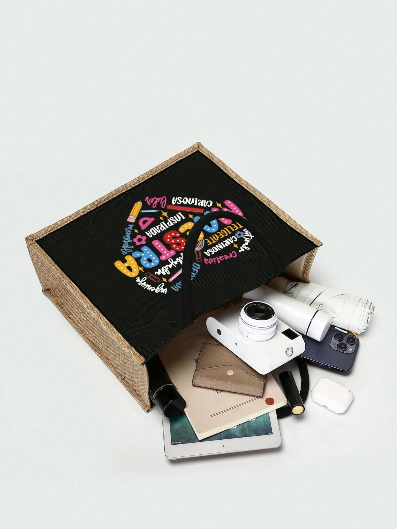 Maestra Theme Tote Bag and Makeup Pouch Set, Heart, Pencil, Ruler, Flower, Paperclip Patterns, Large Capacity Linen Shopping Bag, Skincare Organizer