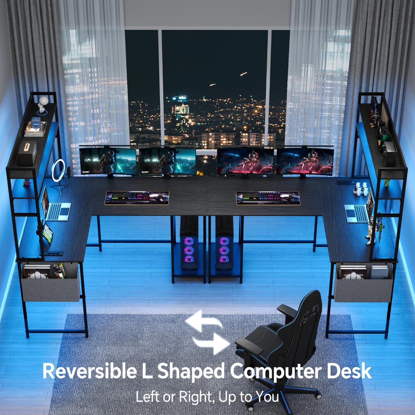L Shaped Gaming Desk with LED Lights & Power Outlets Computer Desk with Hutch Office Desk with Storage Shelf, Headphone Hook,Cup Holder twoperson desk